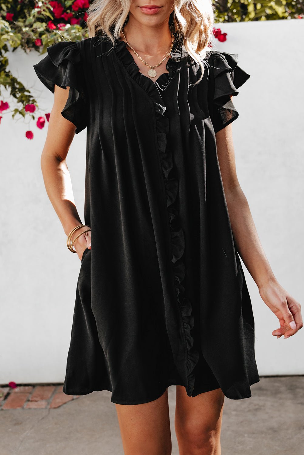 Black Ruffle Sleeve V Neck Frilled Shift Dress - Creative Designs by Shanny