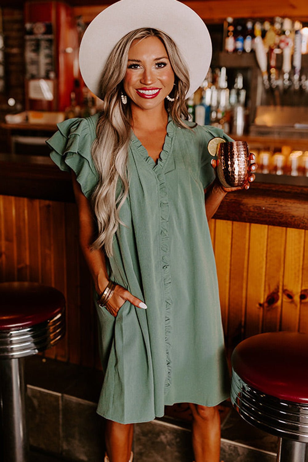 Black Ruffle Sleeve V Neck Frilled Shift Dress - Creative Designs by Shanny