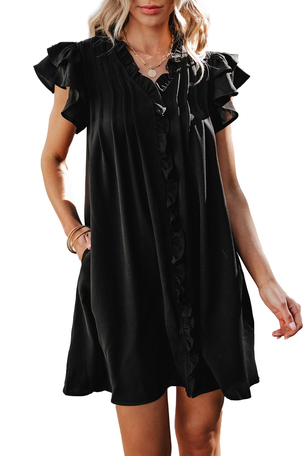 Black Ruffle Sleeve V Neck Frilled Shift Dress - Creative Designs by Shanny