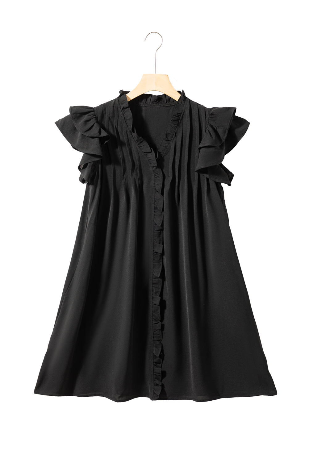 Black Ruffle Sleeve V Neck Frilled Shift Dress - Creative Designs by Shanny