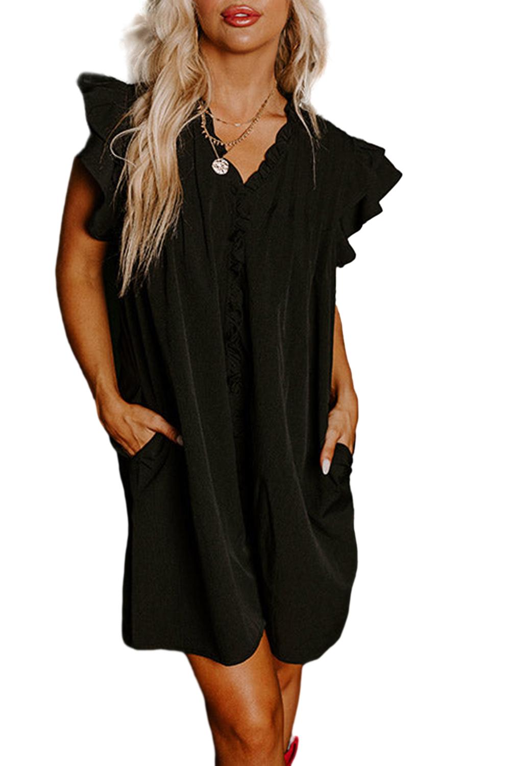 Black Ruffle Sleeve V Neck Frilled Shift Dress - Creative Designs by Shanny