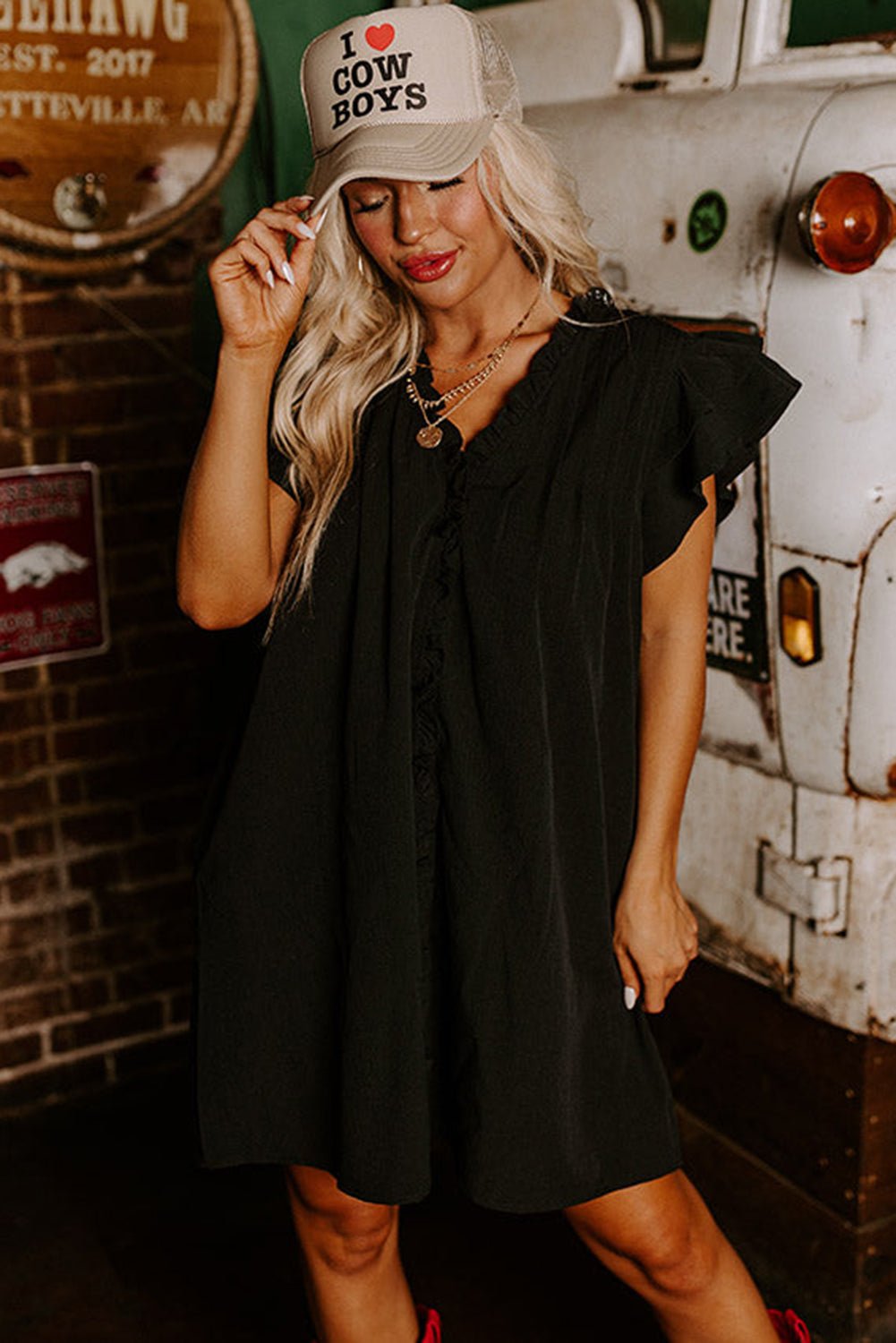 Black Ruffle Sleeve V Neck Frilled Shift Dress - Creative Designs by Shanny