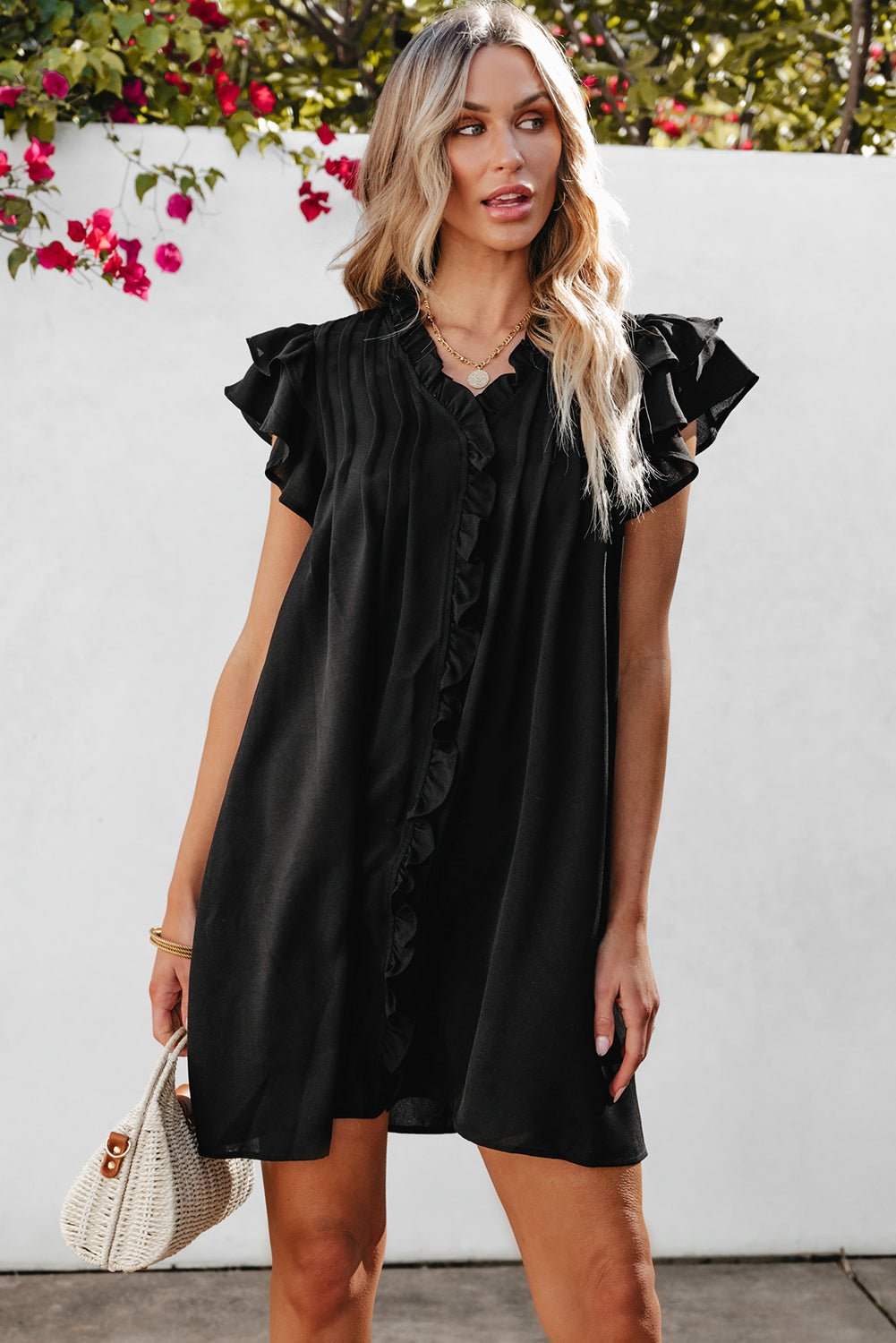 Black Ruffle Sleeve V Neck Frilled Shift Dress - Creative Designs by Shanny