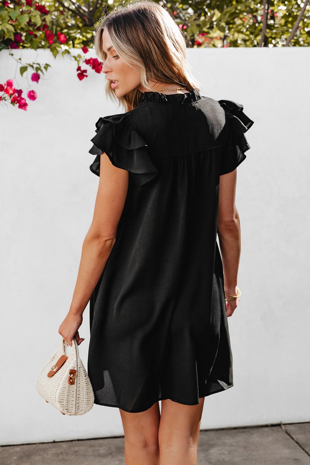 Black Ruffle Sleeve V Neck Frilled Shift Dress - Creative Designs by Shanny