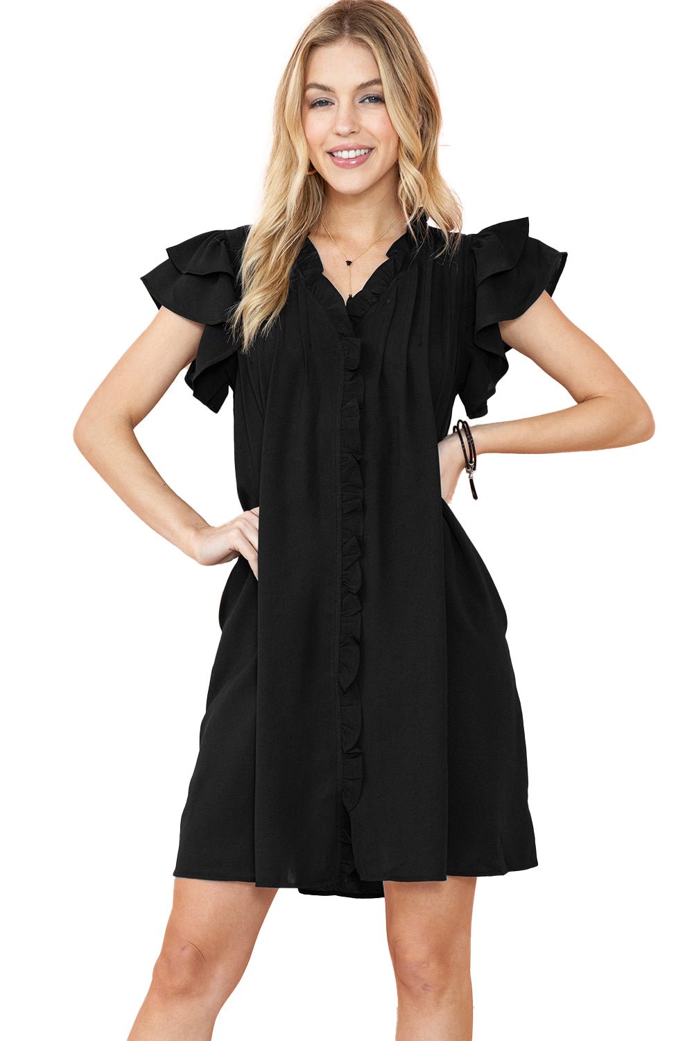 Black Ruffle Sleeve V Neck Frilled Shift Dress - Creative Designs by Shanny