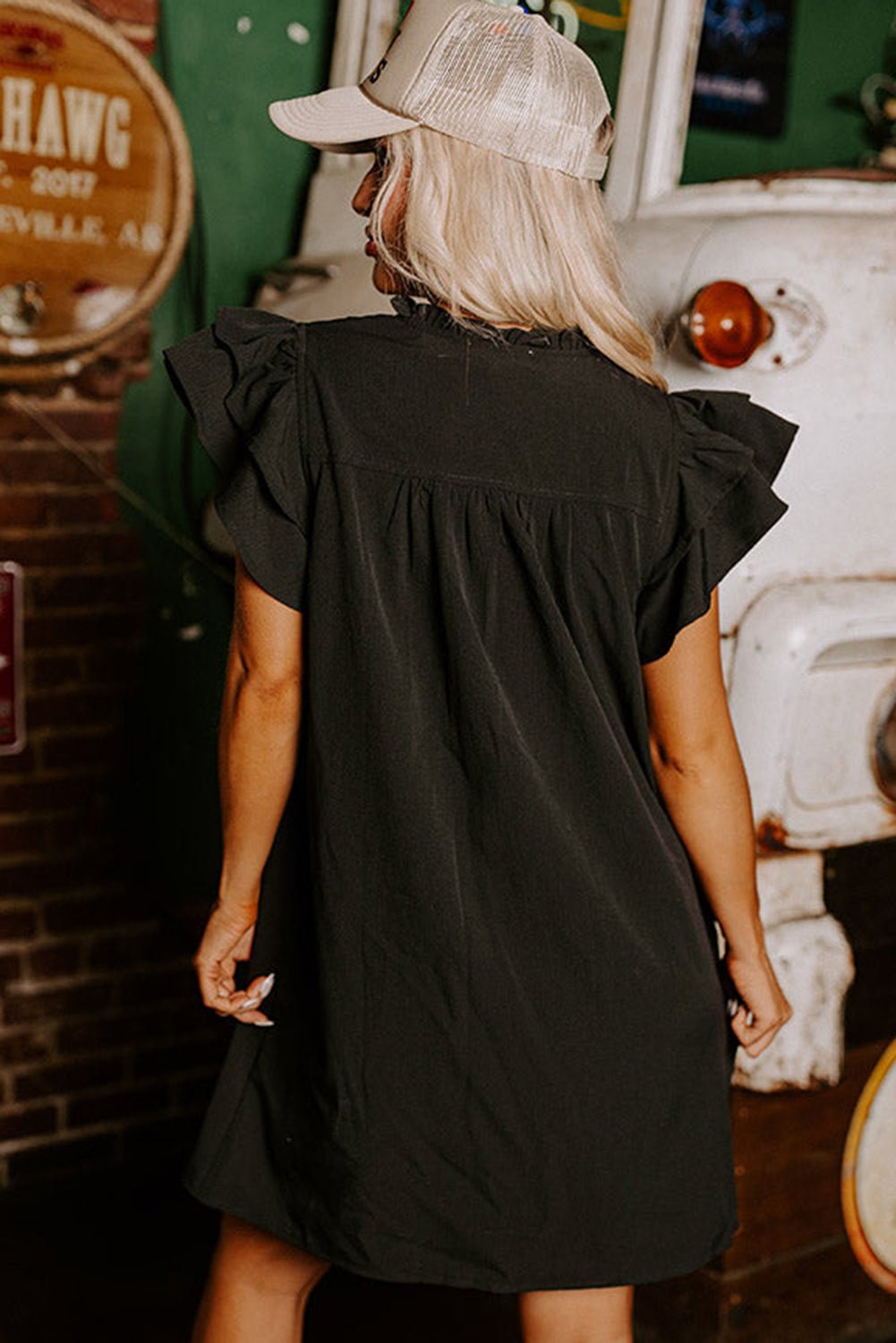 Black Ruffle Sleeve V Neck Frilled Shift Dress - Creative Designs by Shanny