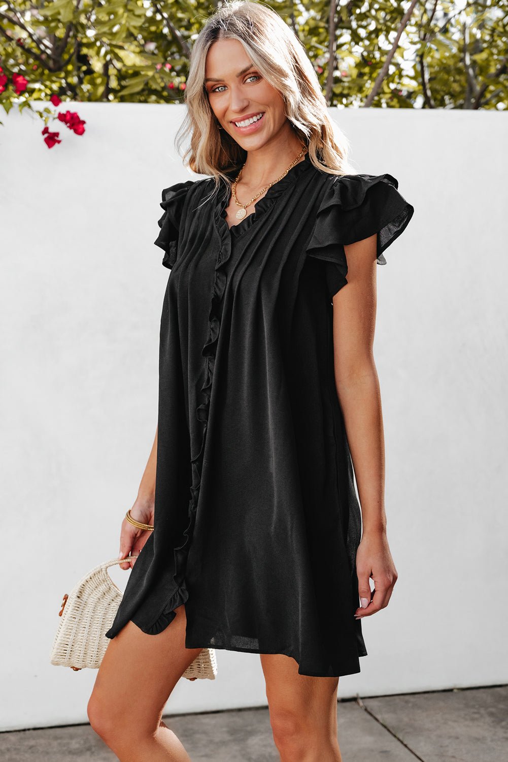 Black Ruffle Sleeve V Neck Frilled Shift Dress - Creative Designs by Shanny