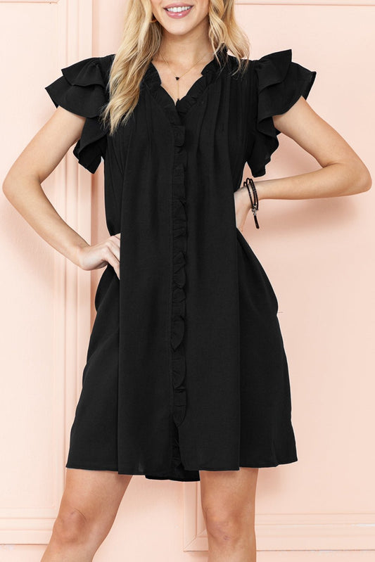 Black Ruffle Sleeve V Neck Frilled Shift Dress - Creative Designs by Shanny