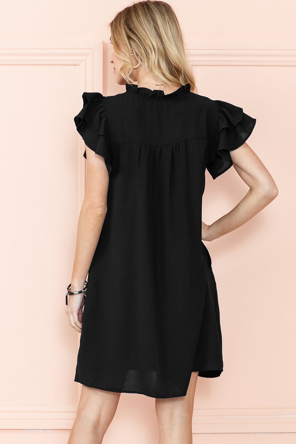 Black Ruffle Sleeve V Neck Frilled Shift Dress - Creative Designs by Shanny