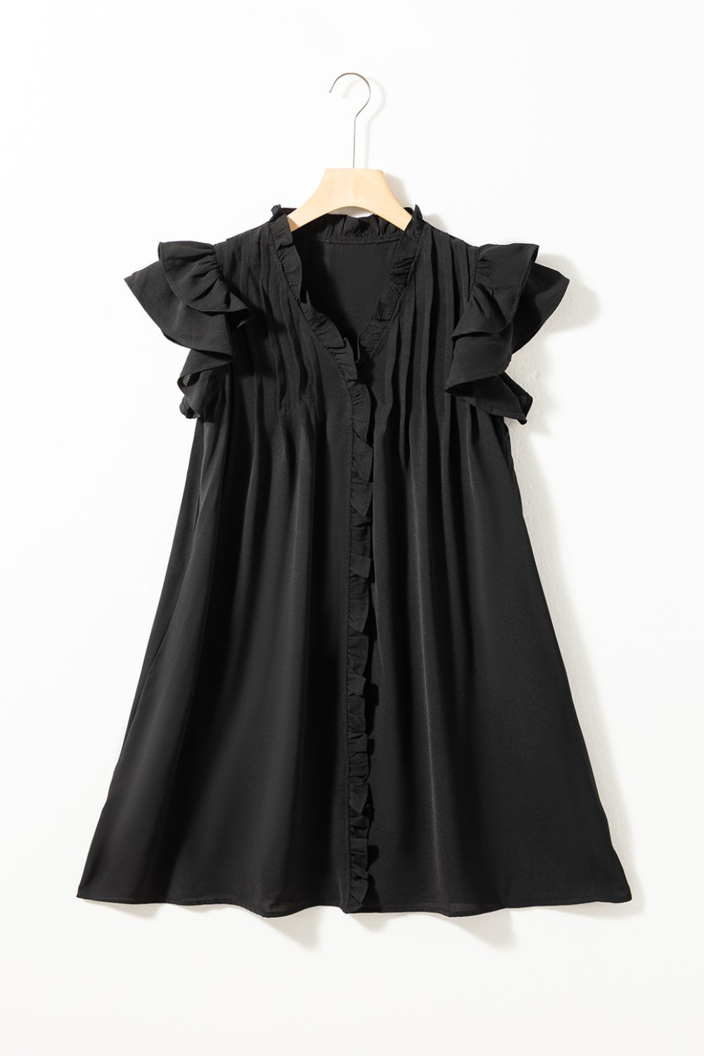 Black Ruffle Sleeve V Neck Frilled Shift Dress - Creative Designs by Shanny