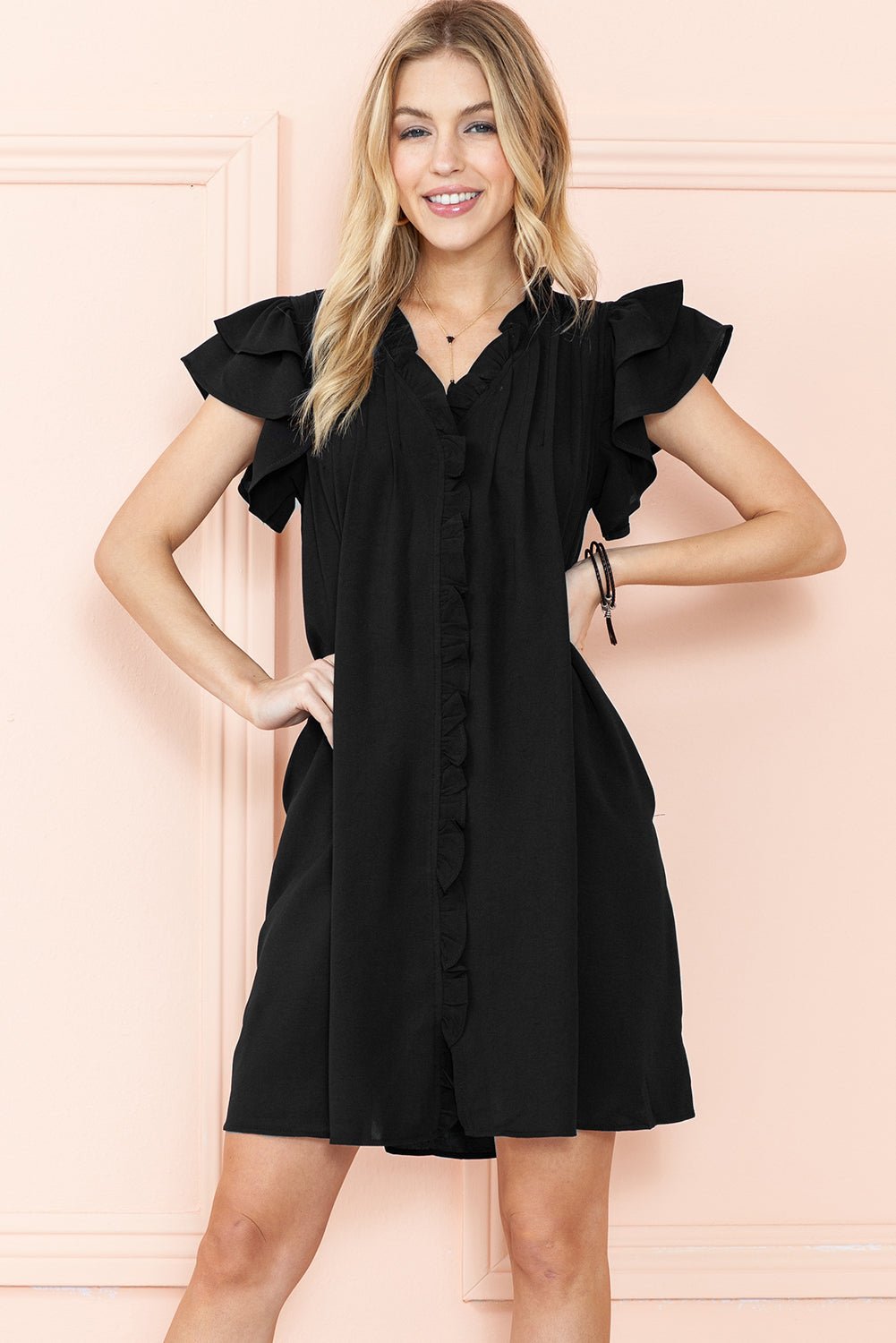 Black Ruffle Sleeve V Neck Frilled Shift Dress - Creative Designs by Shanny