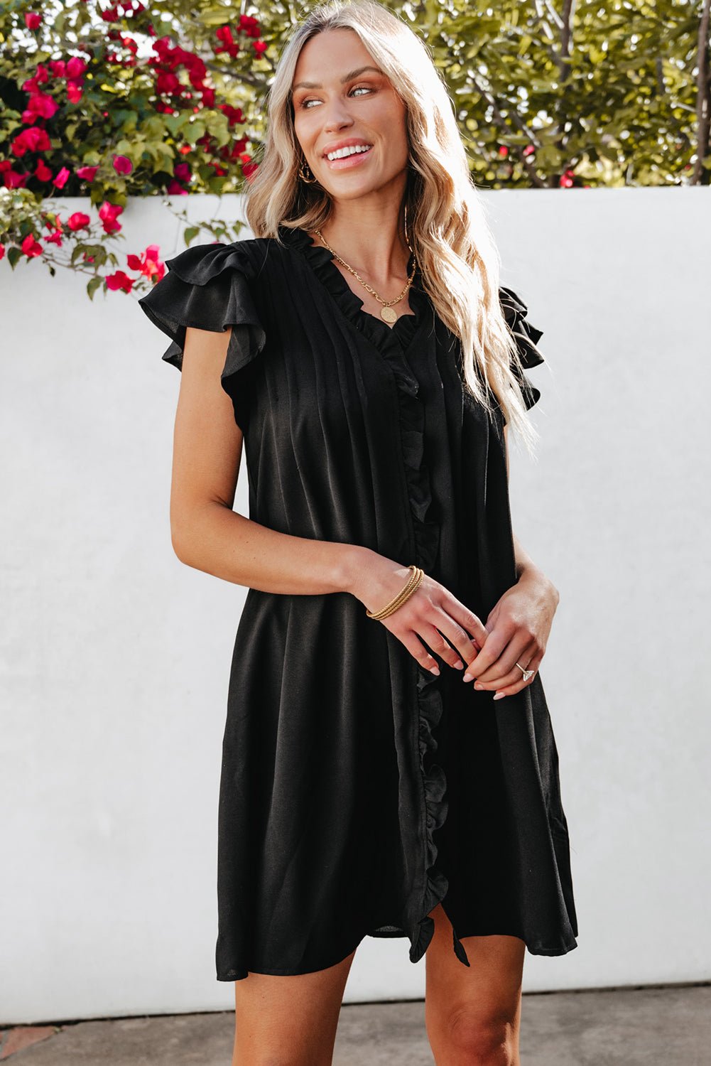 Black Ruffle Sleeve V Neck Frilled Shift Dress - Creative Designs by Shanny