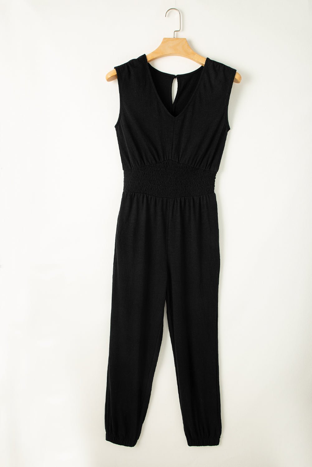 Black Shirred High Waist Sleeveless V Neck Jumpsuit - Creative Designs by Shanny