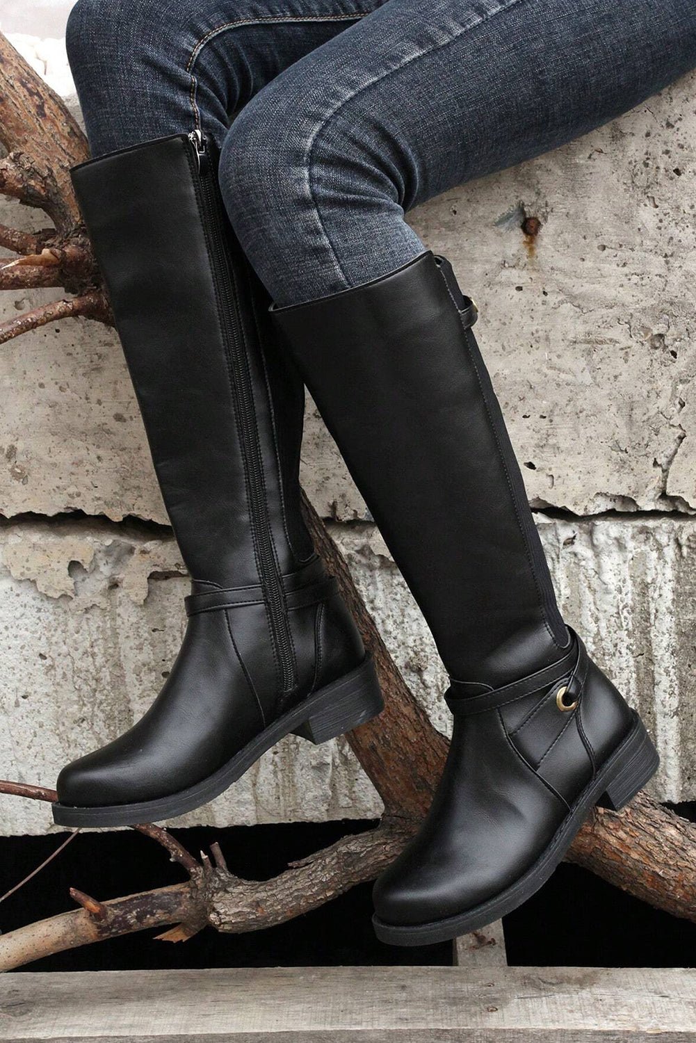 Black Side Zipper Knee High Chunky Low Heel Boots - Creative Designs by Shanny