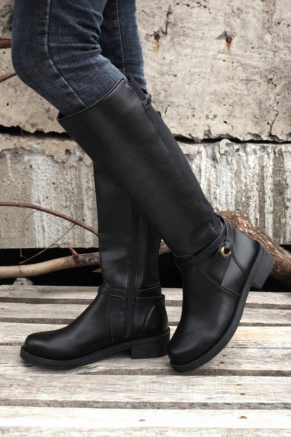 Black Side Zipper Knee High Chunky Low Heel Boots - Creative Designs by Shanny