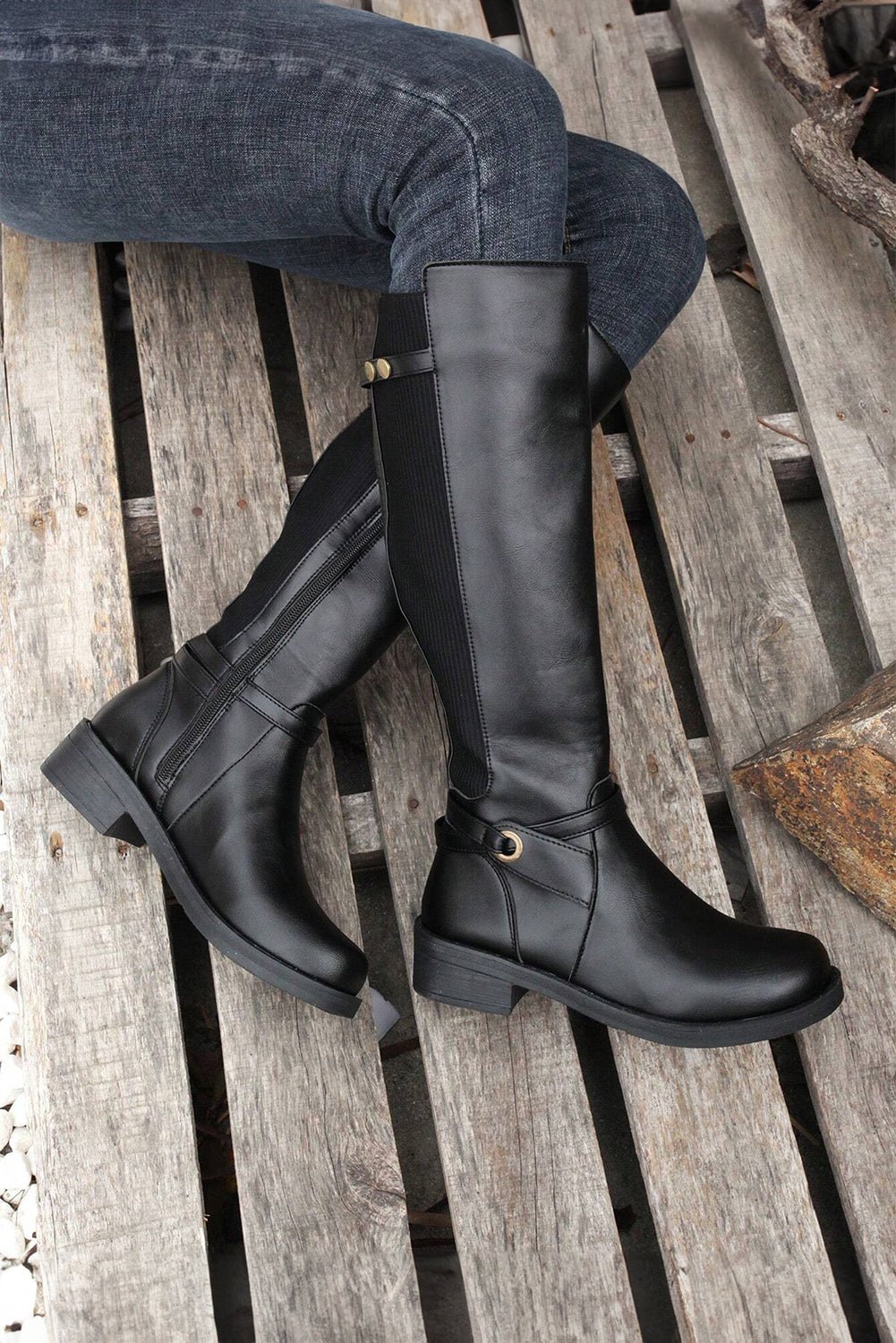 Black Side Zipper Knee High Chunky Low Heel Boots - Creative Designs by Shanny