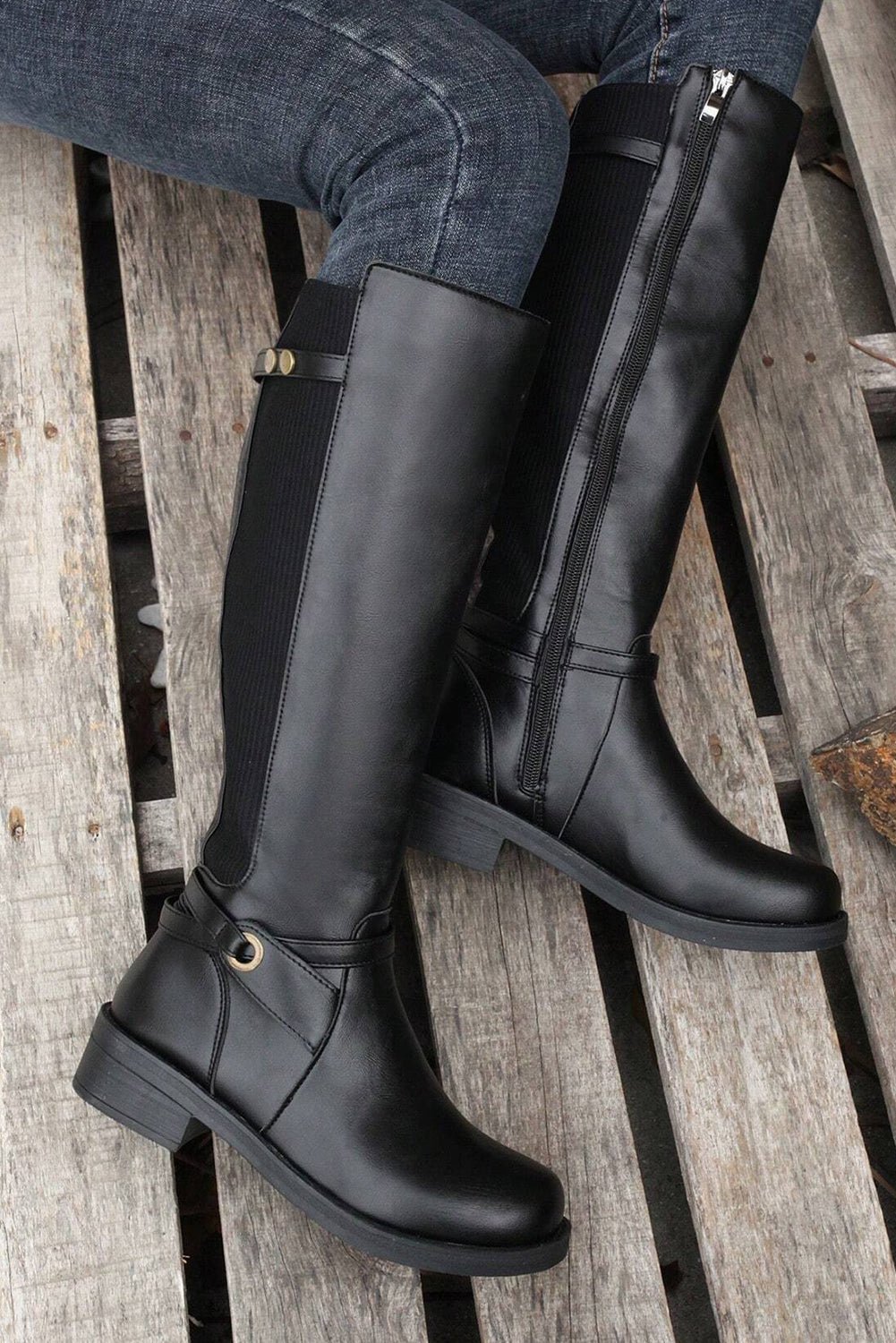 Black Side Zipper Knee High Chunky Low Heel Boots - Creative Designs by Shanny