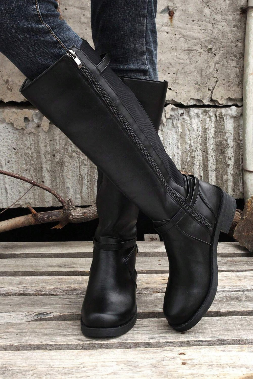 Black Side Zipper Knee High Chunky Low Heel Boots - Creative Designs by Shanny