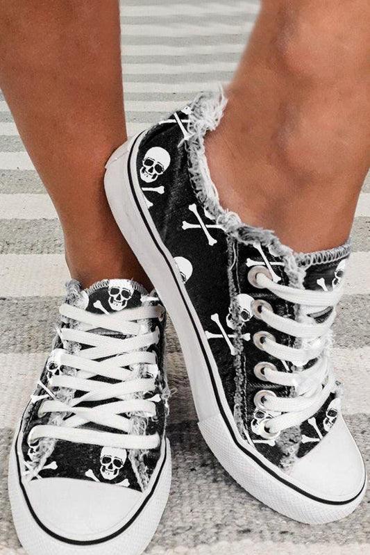 Black Skull Print Lace - up Canvas Sneakers - Creative Designs by Shanny