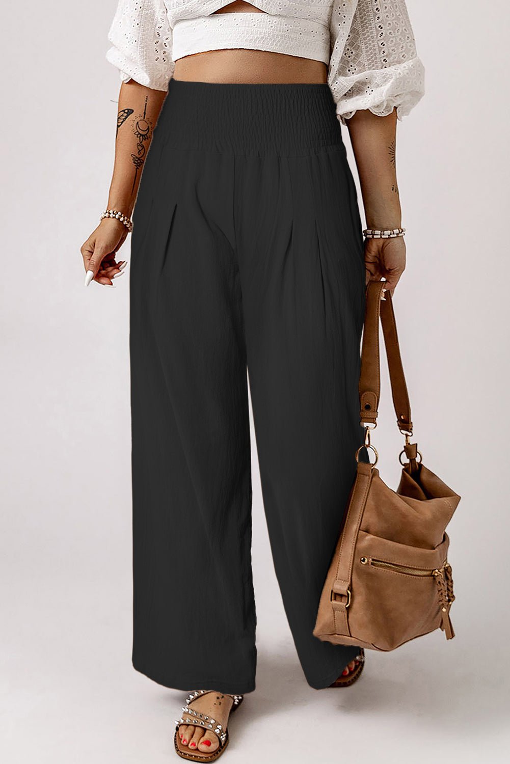 Black Smocked Wide Waistband High Waist Wide Leg Pants - Creative Designs by Shanny