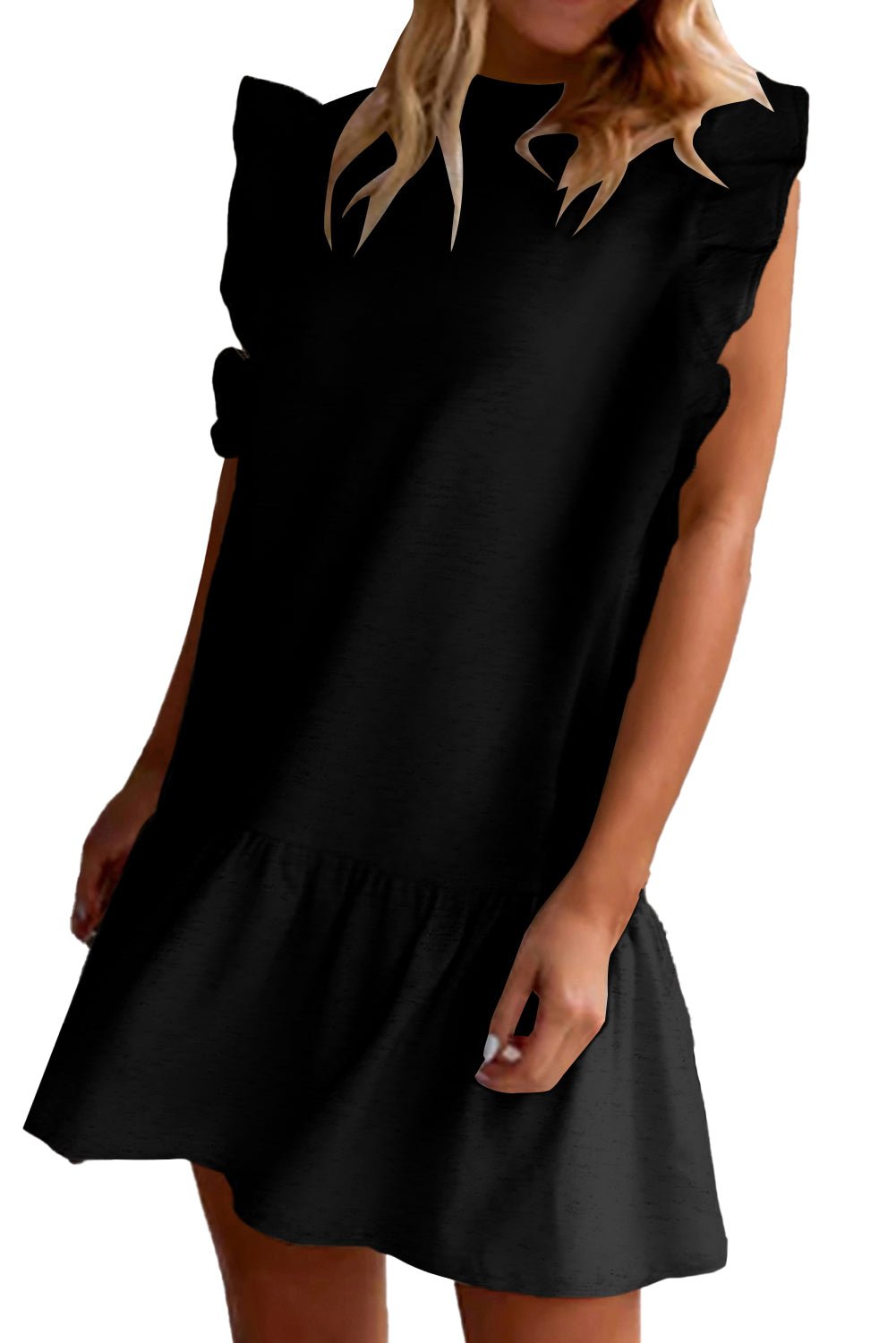 Black Solid Color Ruffle Hem Mini Sweatshirt Dress - Creative Designs by Shanny