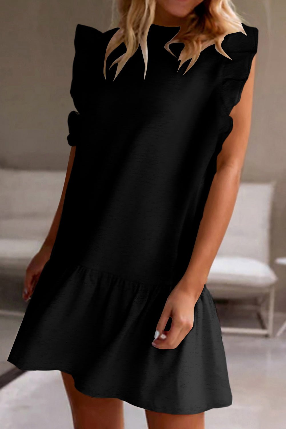 Black Solid Color Ruffle Hem Mini Sweatshirt Dress - Creative Designs by Shanny