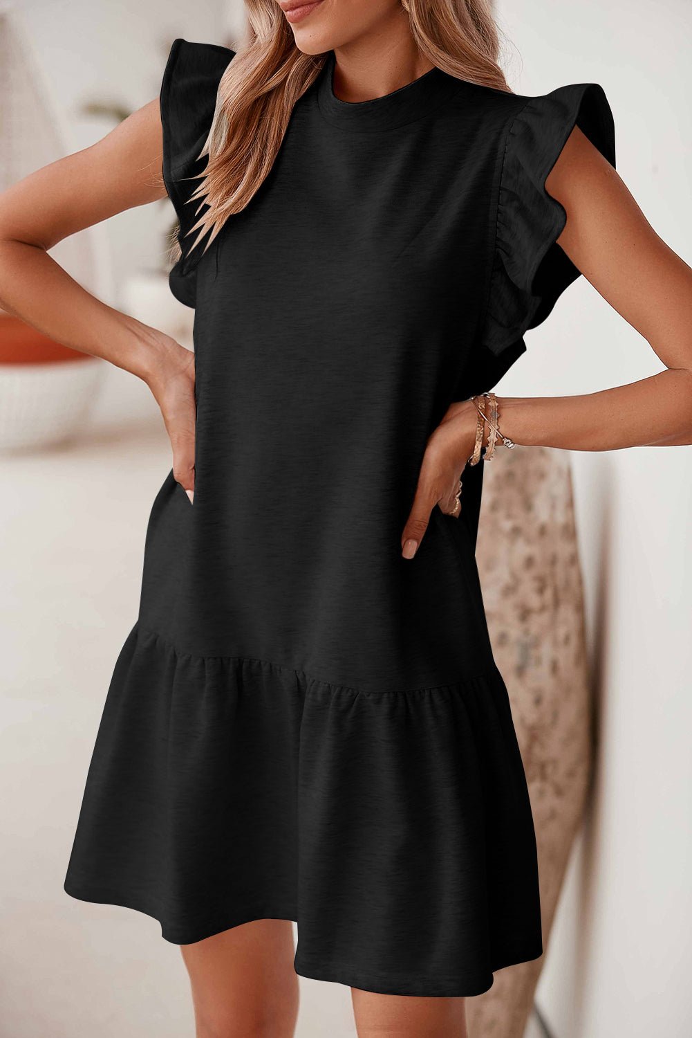 Black Solid Color Ruffle Hem Mini Sweatshirt Dress - Creative Designs by Shanny