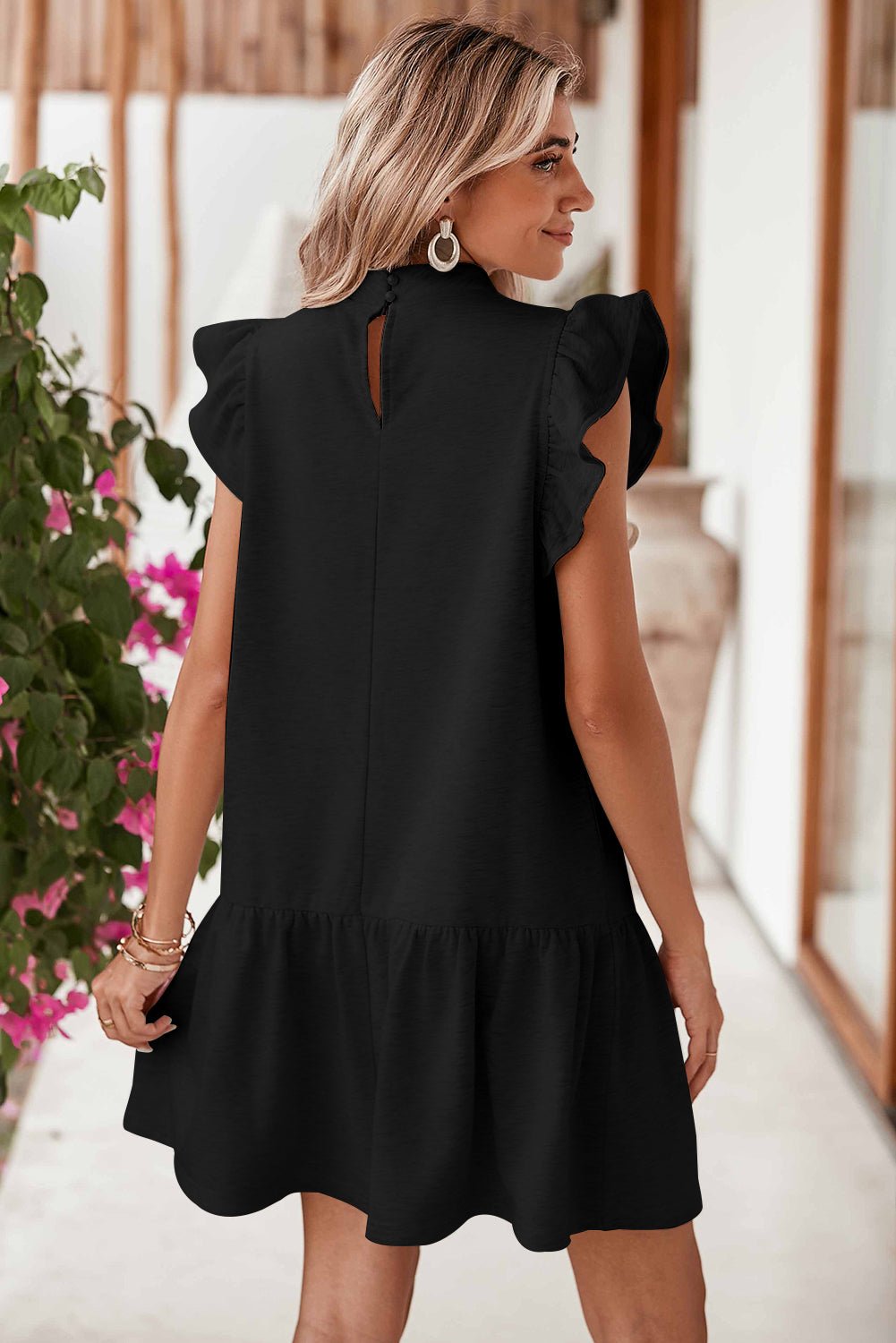 Black Solid Color Ruffle Hem Mini Sweatshirt Dress - Creative Designs by Shanny