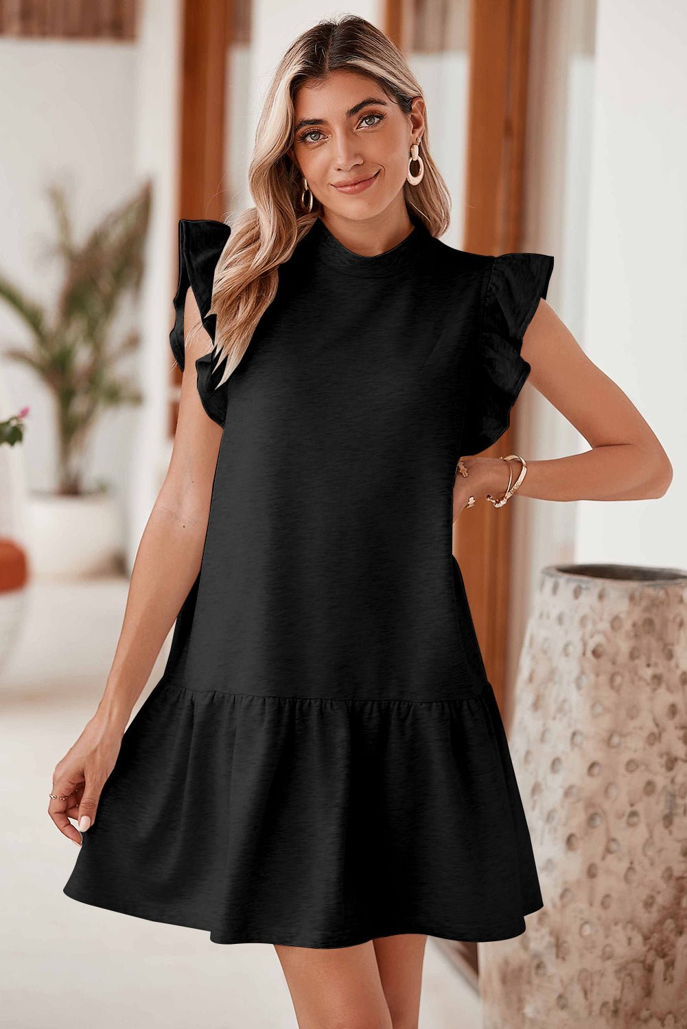 Black Solid Color Ruffle Hem Mini Sweatshirt Dress - Creative Designs by Shanny