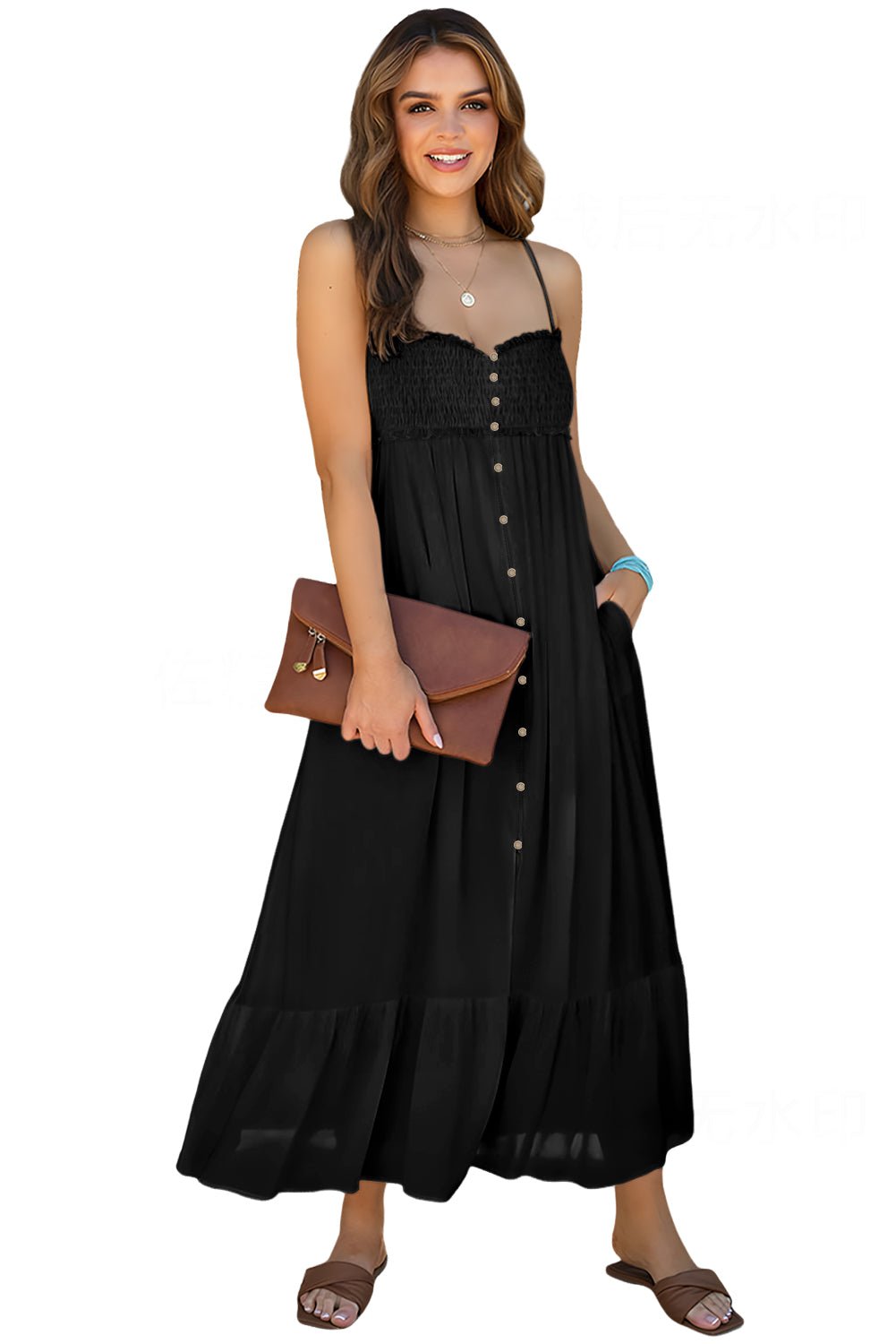 Black Spaghetti Straps Smocked Front Slit Buttoned Dress - Creative Designs by Shanny