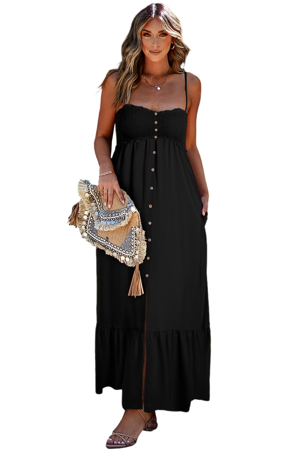 Black Spaghetti Straps Smocked Front Slit Buttoned Dress - Creative Designs by Shanny