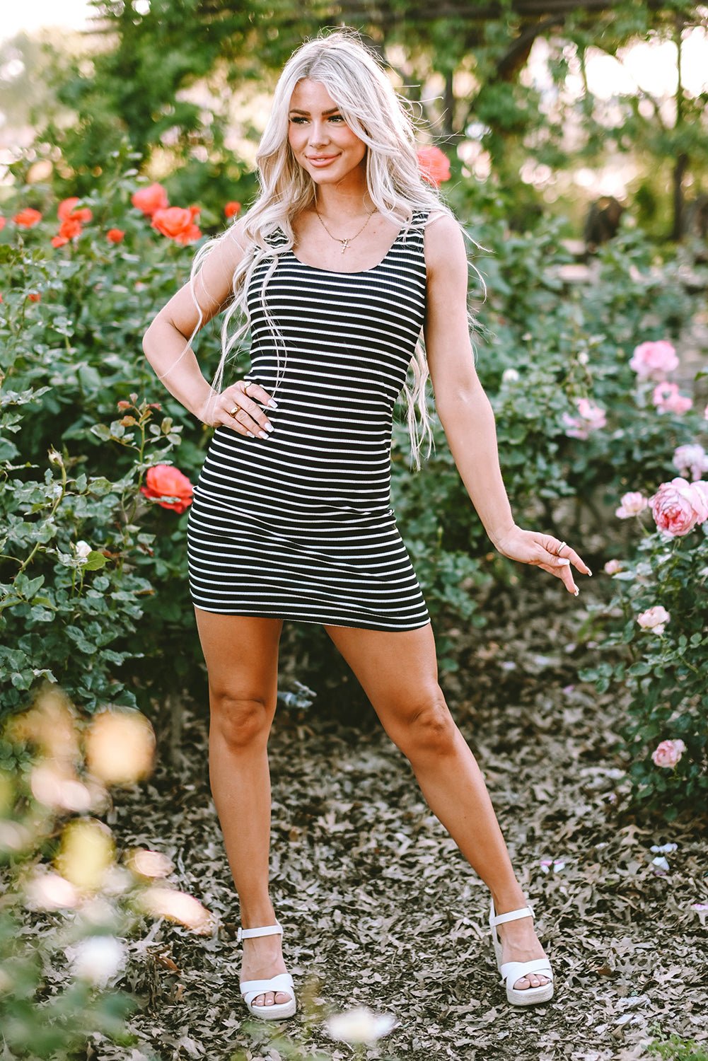 Black Stripe Ribbed Knit Sleeveless Mini Dress - Creative Designs by Shanny