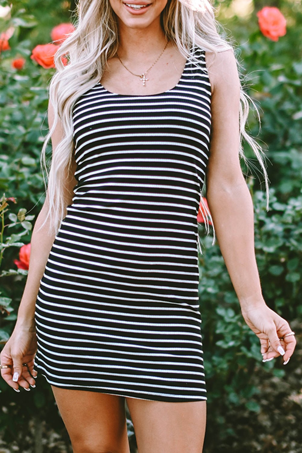 Black Stripe Ribbed Knit Sleeveless Mini Dress - Creative Designs by Shanny