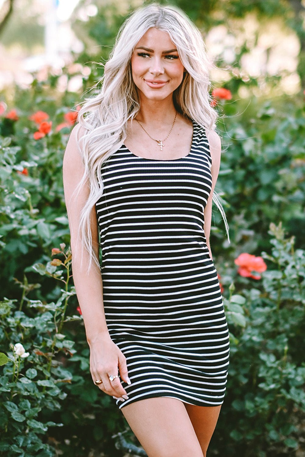 Black Stripe Ribbed Knit Sleeveless Mini Dress - Creative Designs by Shanny