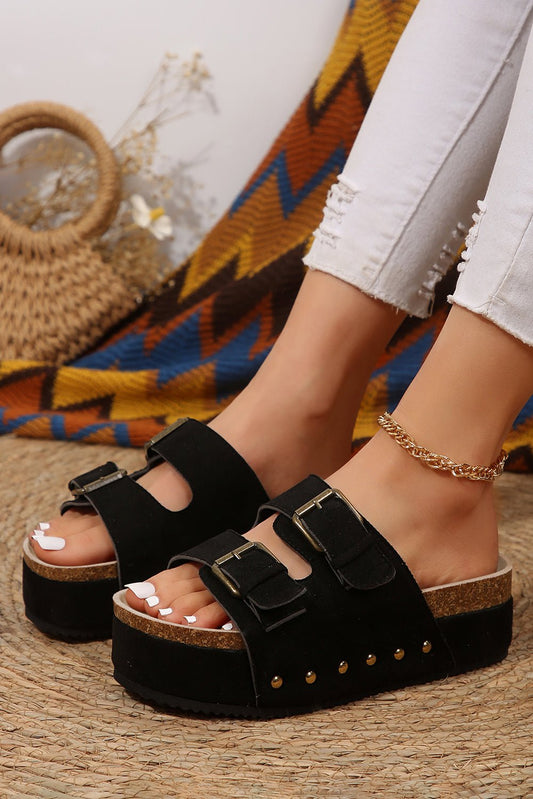 Black Suede Buckle Corky Platform Slip On Sandals - Creative Designs by Shanny