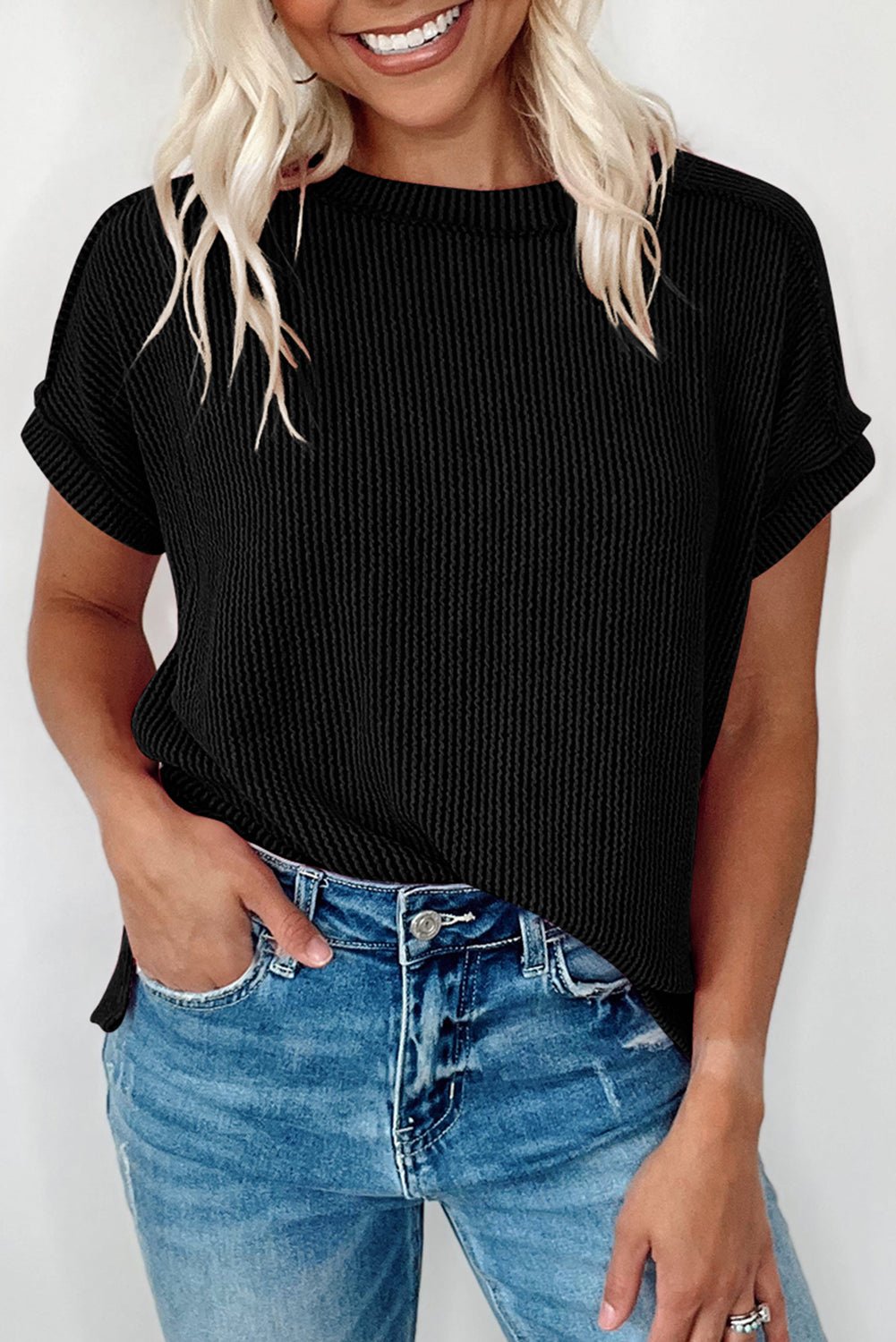 Black Textured Knit Exposed Stitching T-shirt - Creative Designs by Shanny