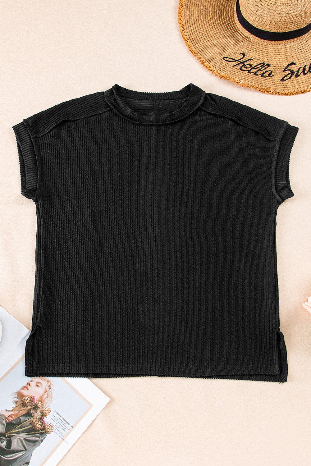 Black Textured Knit Exposed Stitching T-shirt - Creative Designs by Shanny