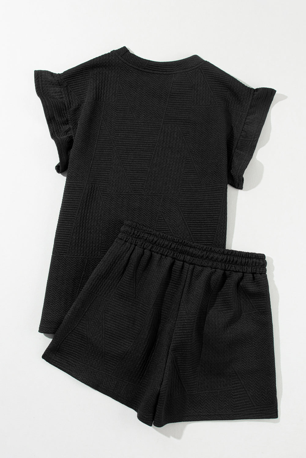 Black Textured Ruffle Split Top and Drawstring Shorts - Creative Designs by Shanny