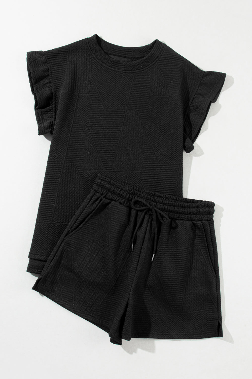 Black Textured Ruffle Split Top and Drawstring Shorts - Creative Designs by Shanny