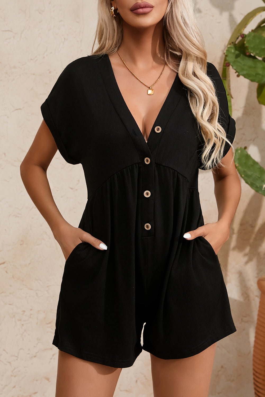 Black V Neck Buttons Loose Cuffed Short Sleeve Romper - Creative Designs by Shanny