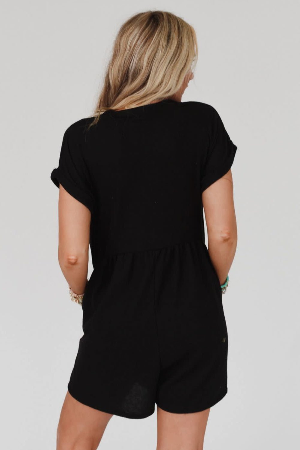 Black V Neck Buttons Loose Cuffed Short Sleeve Romper - Creative Designs by Shanny