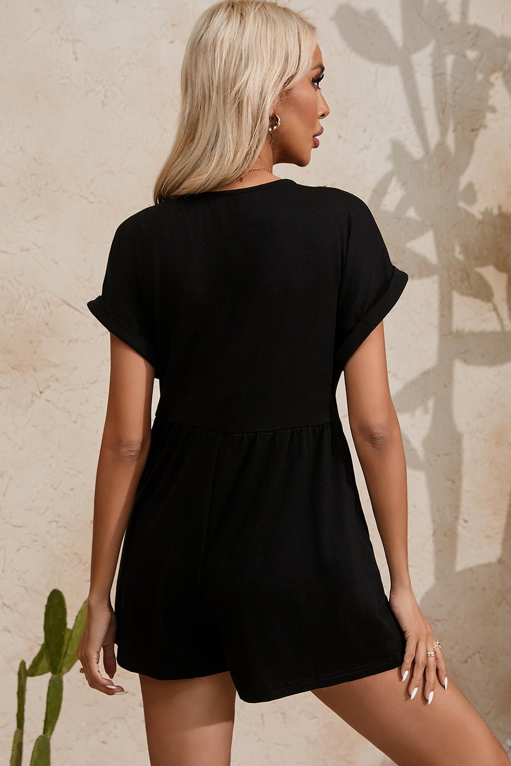 Black V Neck Buttons Loose Cuffed Short Sleeve Romper - Creative Designs by Shanny