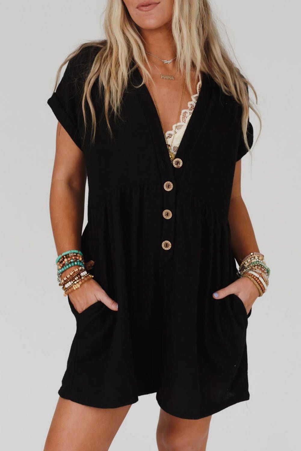 Black V Neck Buttons Loose Cuffed Short Sleeve Romper - Creative Designs by Shanny