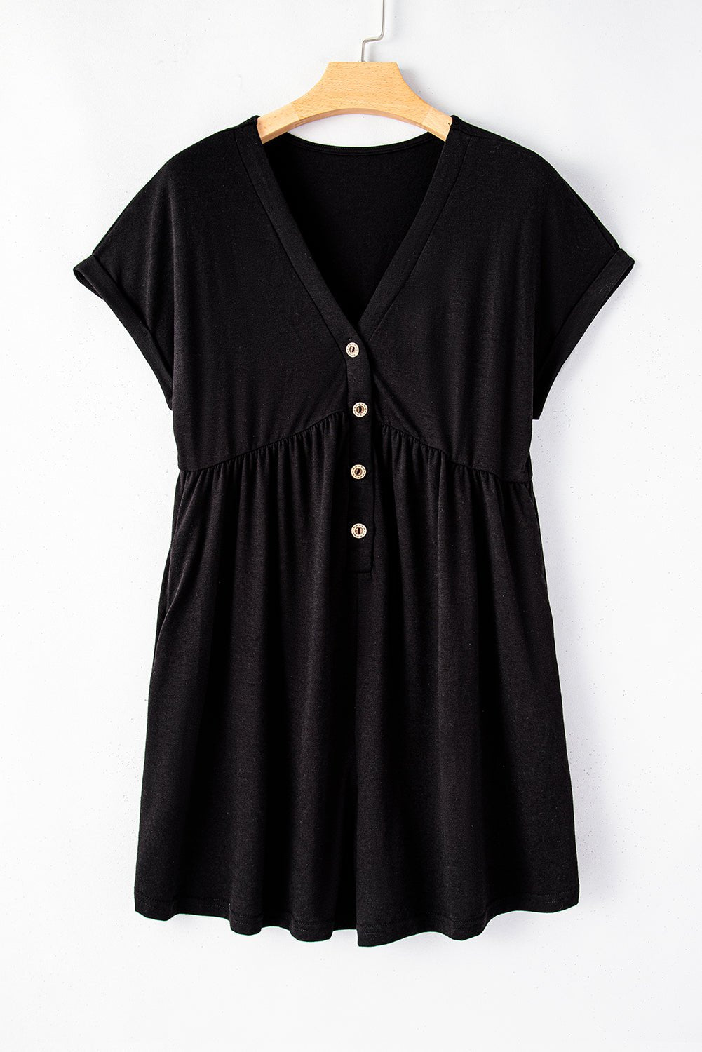 Black V Neck Buttons Loose Cuffed Short Sleeve Romper - Creative Designs by Shanny