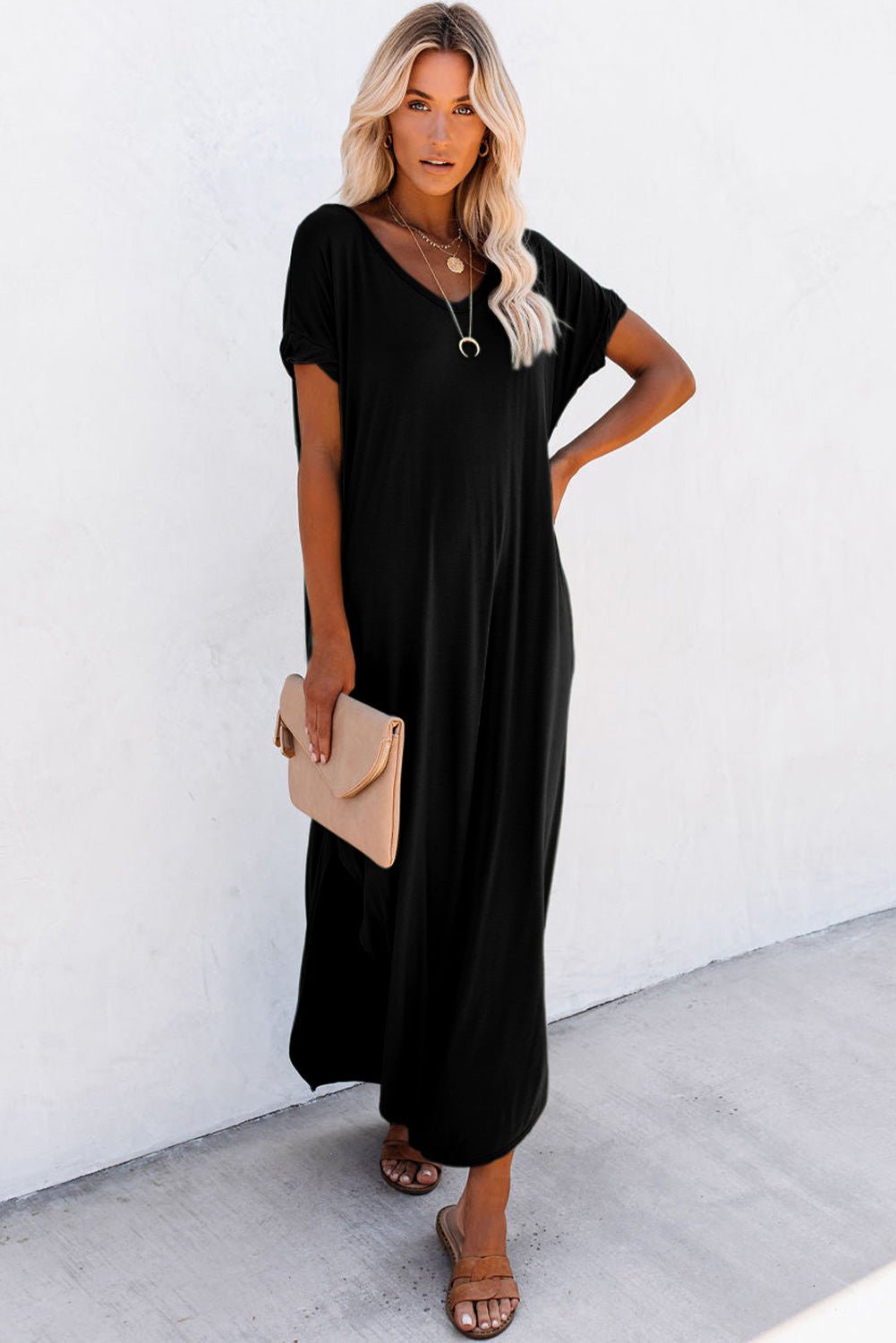 Black V Neck Hidden Pocket Splits Maxi T-shirt Dress - Creative Designs by Shanny