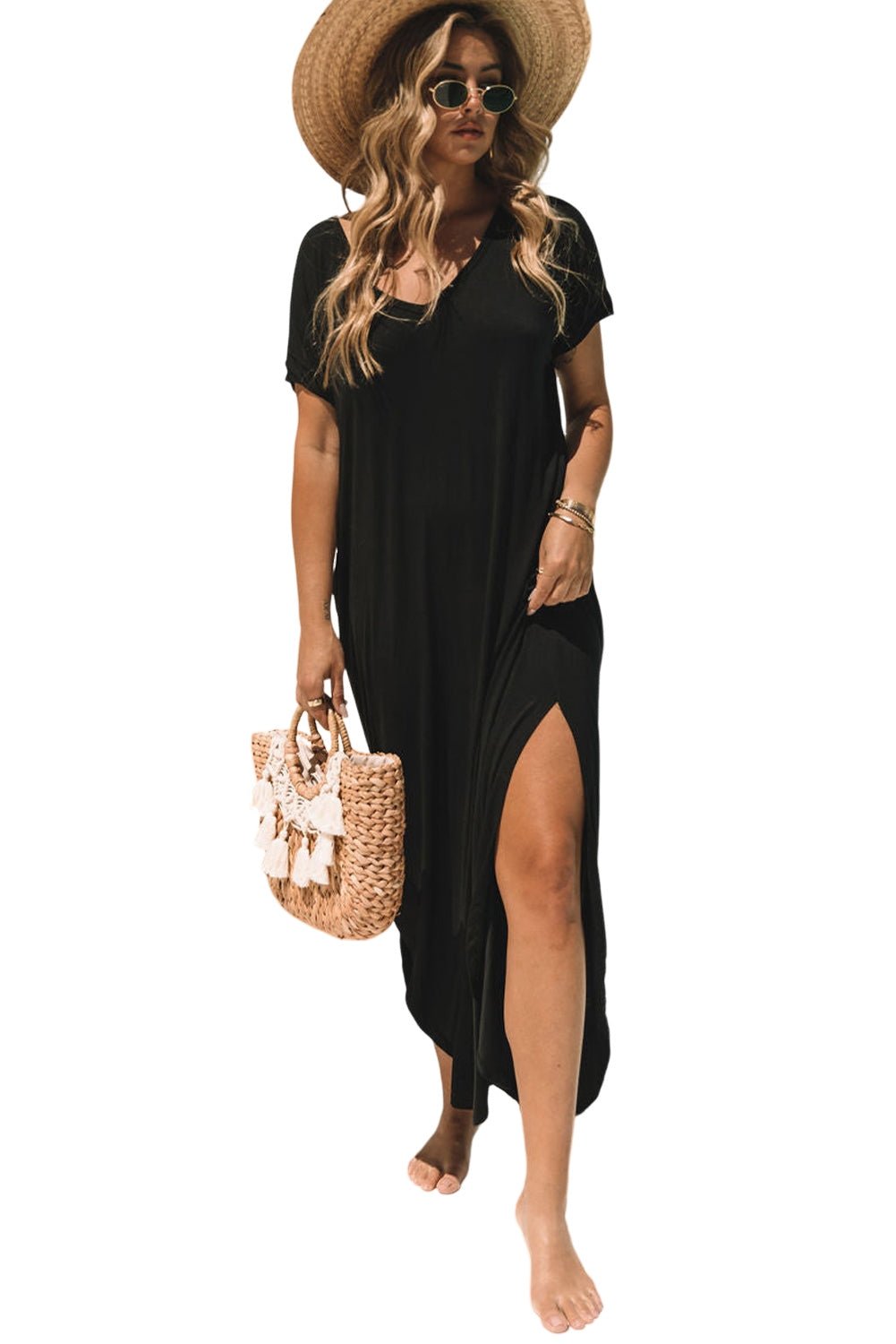 Black V Neck Hidden Pocket Splits Maxi T-shirt Dress - Creative Designs by Shanny