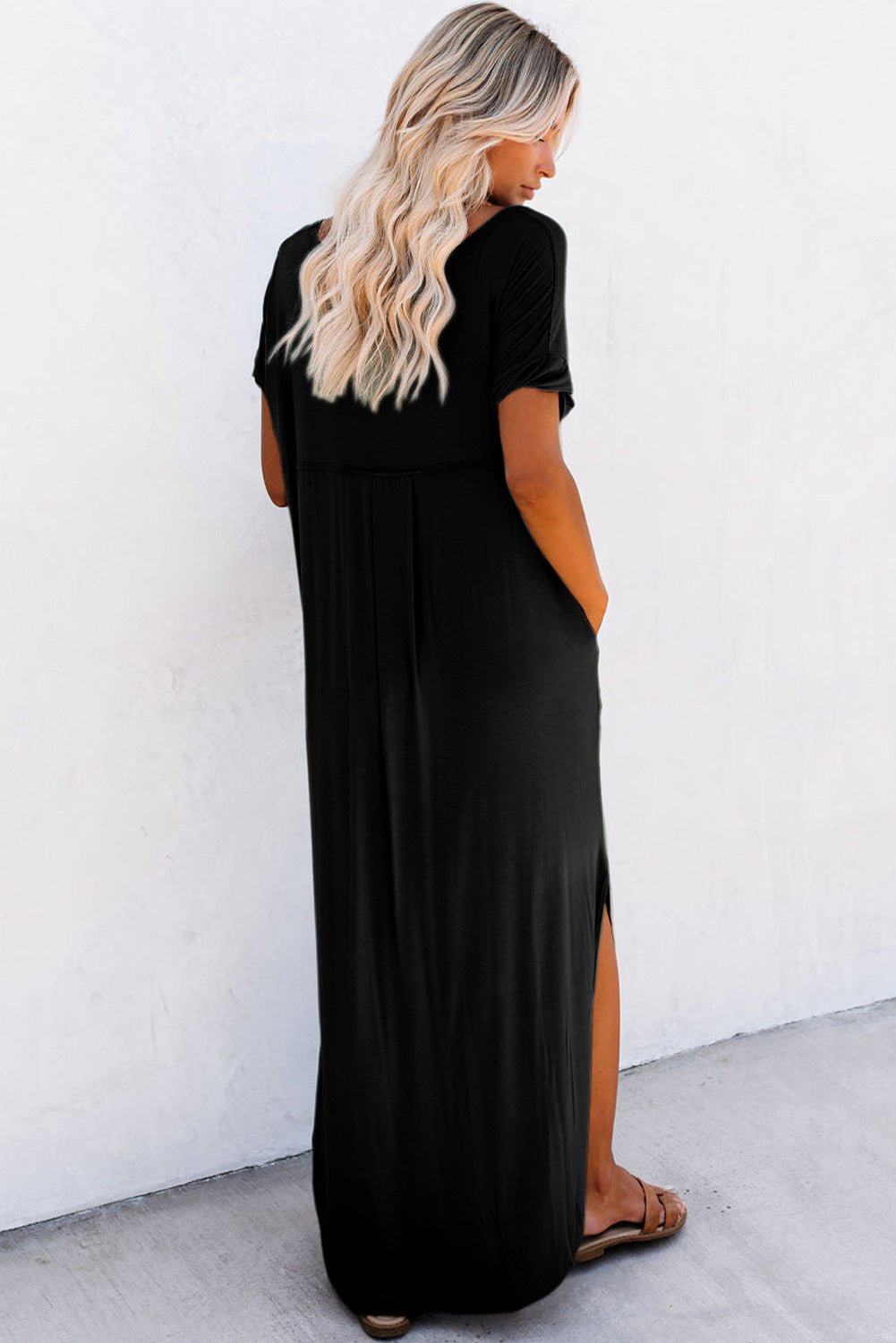 Black V Neck Hidden Pocket Splits Maxi T-shirt Dress - Creative Designs by Shanny