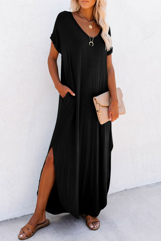 Black V Neck Hidden Pocket Splits Maxi T-shirt Dress - Creative Designs by Shanny