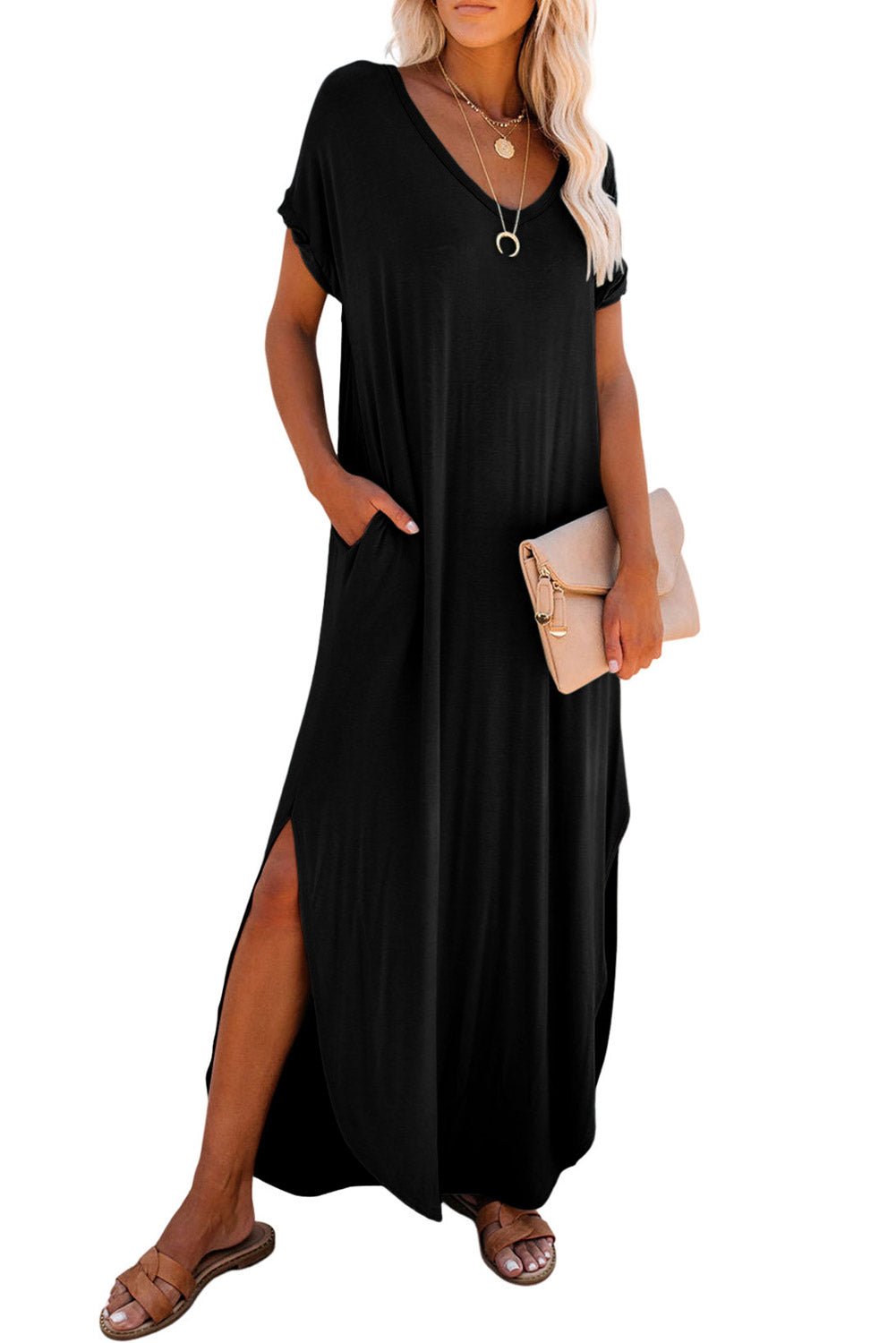 Black V Neck Hidden Pocket Splits Maxi T-shirt Dress - Creative Designs by Shanny