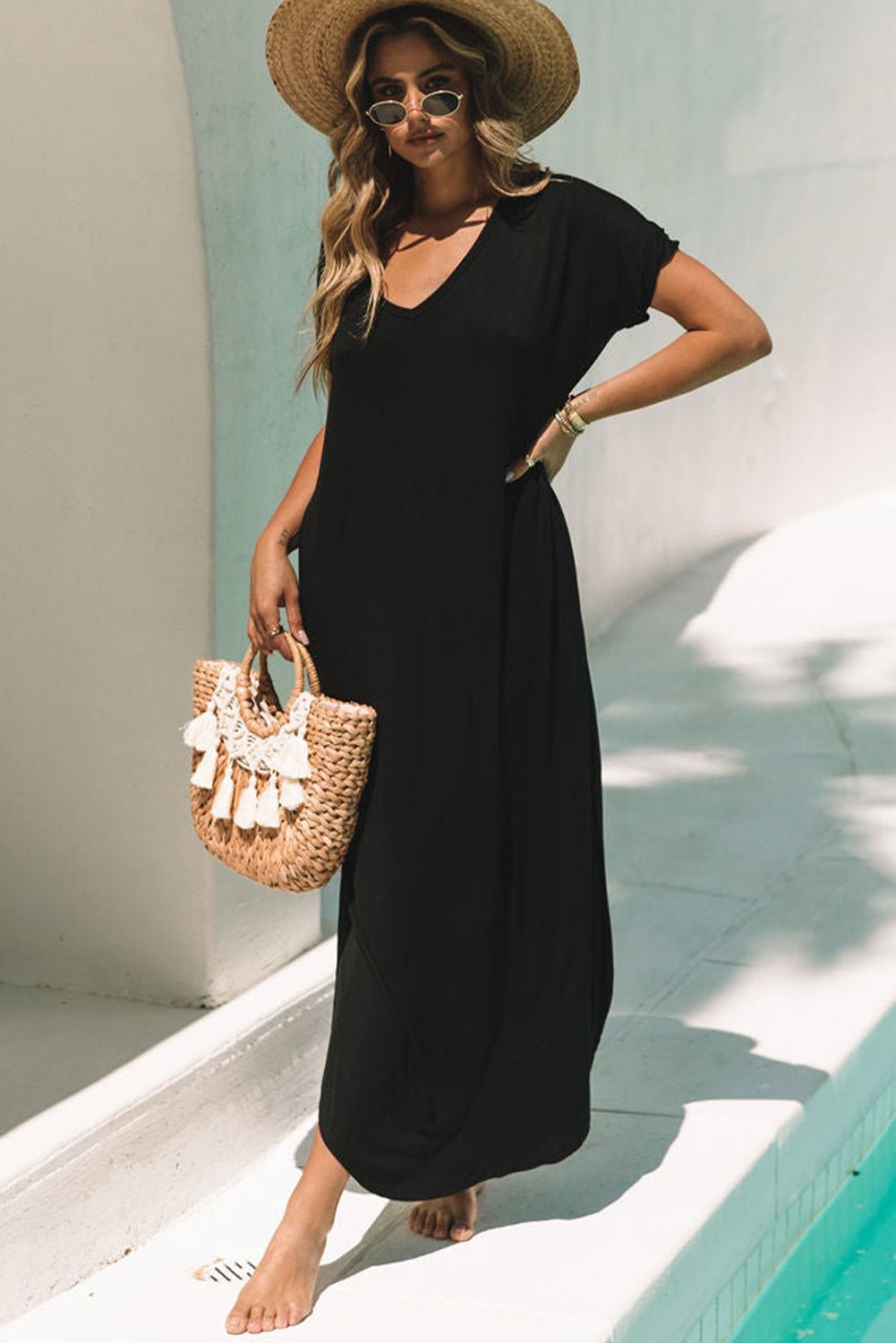 Black V Neck Hidden Pocket Splits Maxi T-shirt Dress - Creative Designs by Shanny